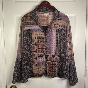 Maurice button down patchwork bell sleeve blouse.‎